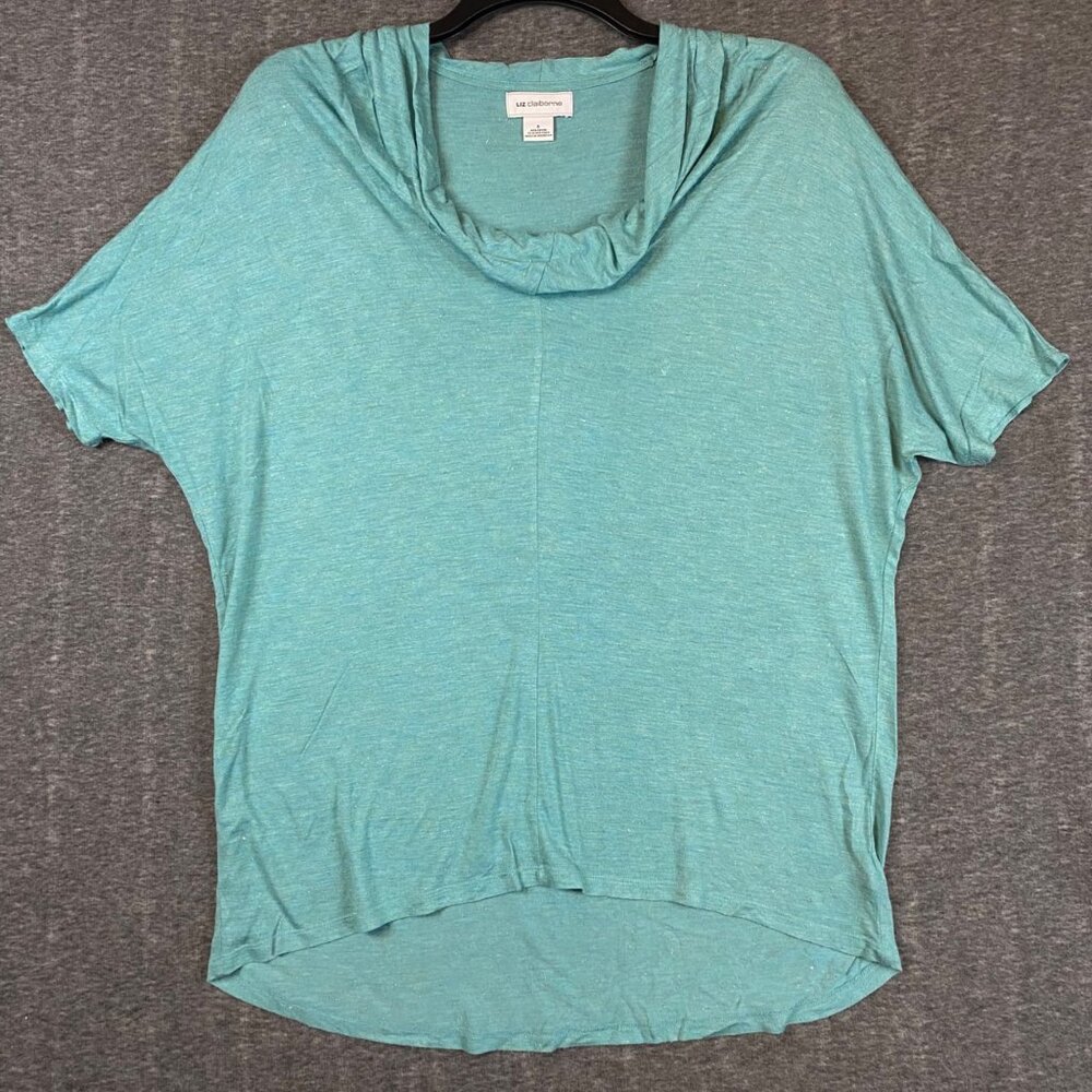 Liz Claiborne Womens Small Aqua Cowl Neck Short‎ Sleeve High-Low Tunic Top